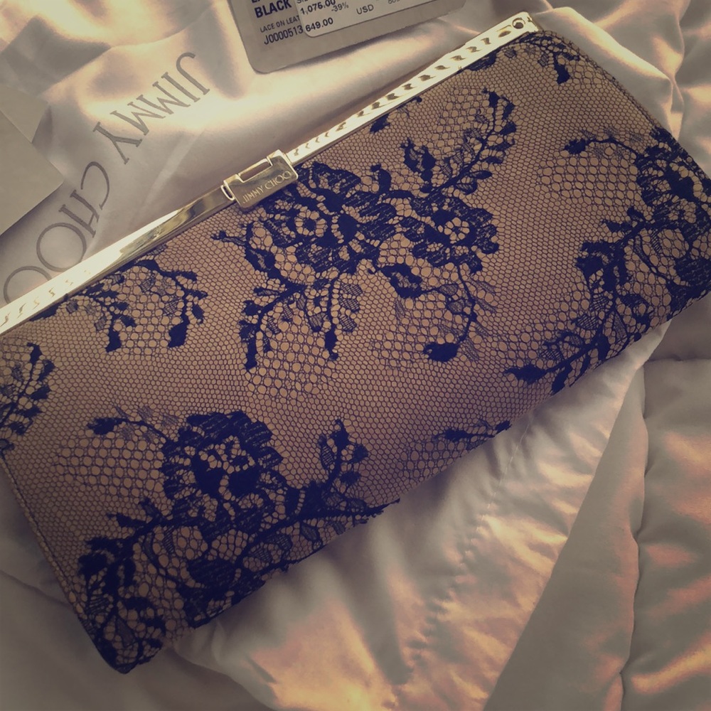 NWT Jimmy Choi Camille lace on leather clutch
